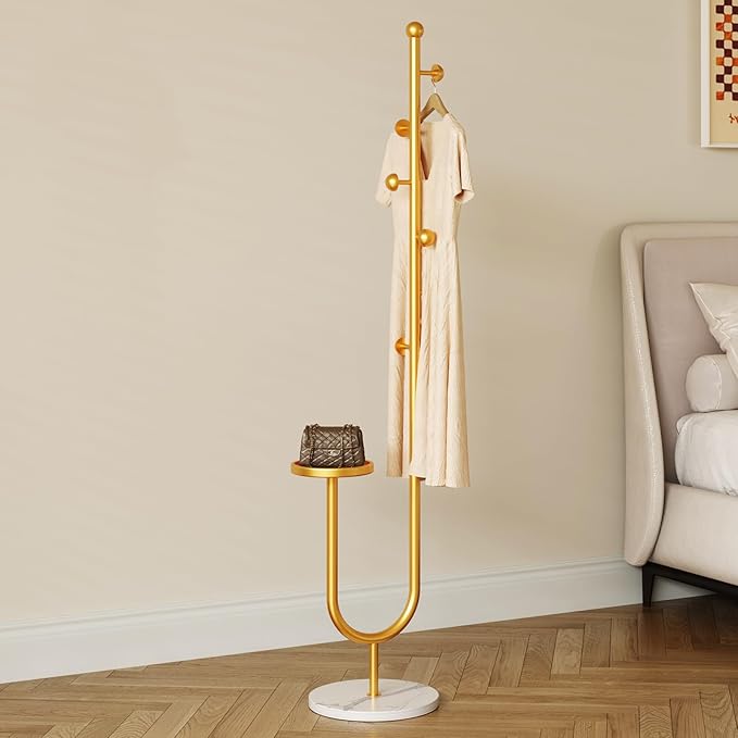 Coat Rack,Metal Free Standing Coat Stand with marble base, Hall Coat Tree with 6 Hooks and Storage Tray,68.9 Inch Tall, for Coats, Hats, Bags, for Entryway, Hallway, Bedroom (gold)