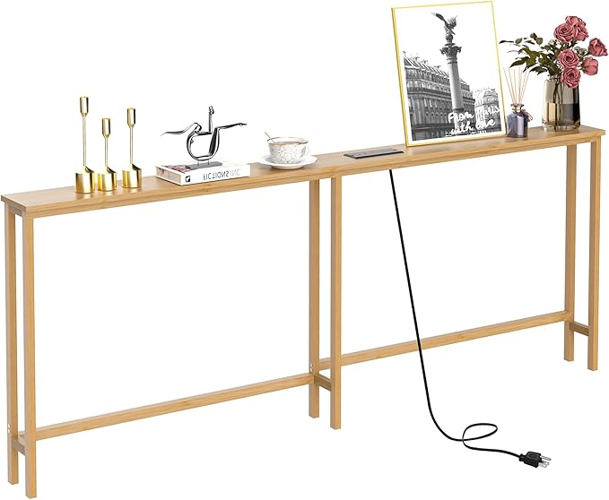 VASMIA 70.9 Inch Narrow Console Table with Outlet,Bamboo Behind Couch Sofa Table,Skinny Hallway Table for Entryway Living Room,Foyer,Natural
