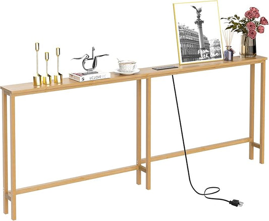 VASMIA 70.9 Inch Narrow Console Table with Outlet,Bamboo Behind Couch Sofa Table,Skinny Hallway Table for Entryway Living Room,Foyer,Natural