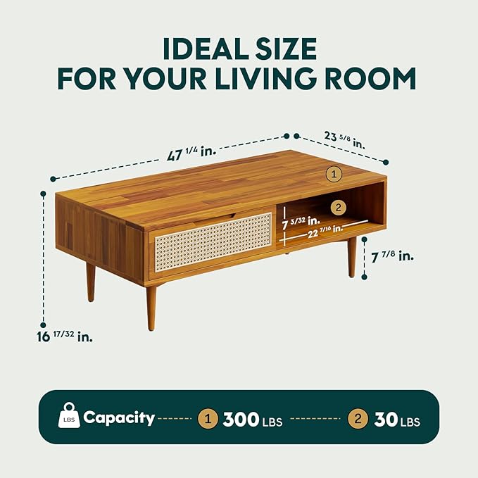 Bme Oliver Coffee Table, Mid Century Modern Coffee Table, Side Table with Storage, 2 Drawers & Open Compartments, Solid Wood Legs with Adjustable Levelers, Rattan Accent for Living Room, Caramel