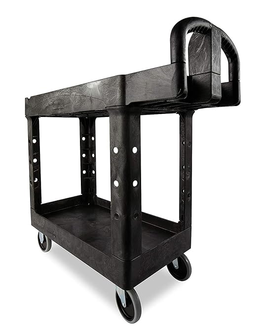 Rubbermaid Commercial Products 2-Shelf Utility/Service Cart, Small, Lipped Shelves, Ergonomic Handle, 500 lbs. Capacity, for Warehouse/Garage/Cleaning/Manufacturing