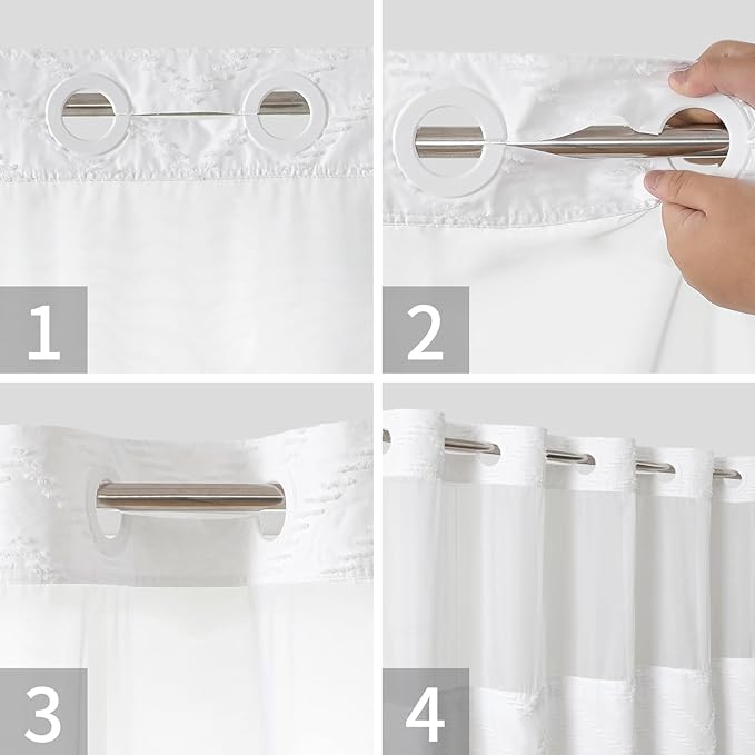 No Hook Boho Farmhouse Shower Curtain with Snap-in Fabric Liner set-54Wx80H(78H),White Tufted Chevron Striped Hotel Grade Cloth Shower Curtains for Bathroom with Window,Water Repellent