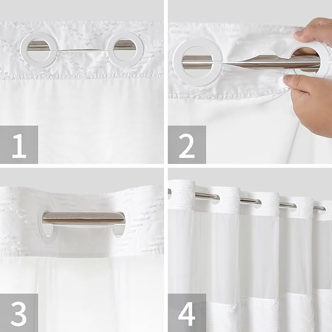 No Hook Boho Farmhouse Shower Curtain with Snap-in Fabric Liner set-36Wx74H(72H),White Tufted Chevron Striped Hotel Grade Cloth Shower Curtains for Bathroom with Window,Water Repellent