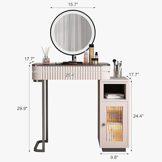 Lartis Makeup Vanity, Makeup Vanity with LED Makeup Mirror, Three Adjustable Light Levels, Tempered Teal Glass countertop