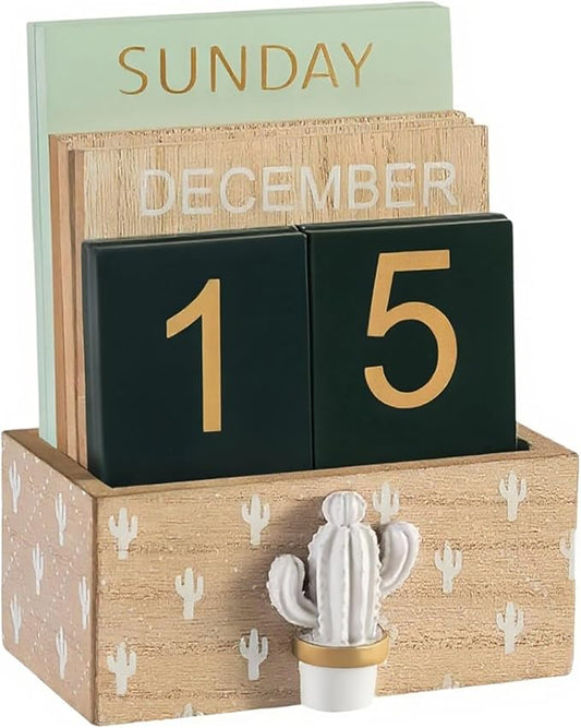 Perpetual Desk Calendar, Wooden Calendar Vintage Office Supplies Block Home Office Aesthetic Boho Desk Accessories Green Cactus Decor Gift