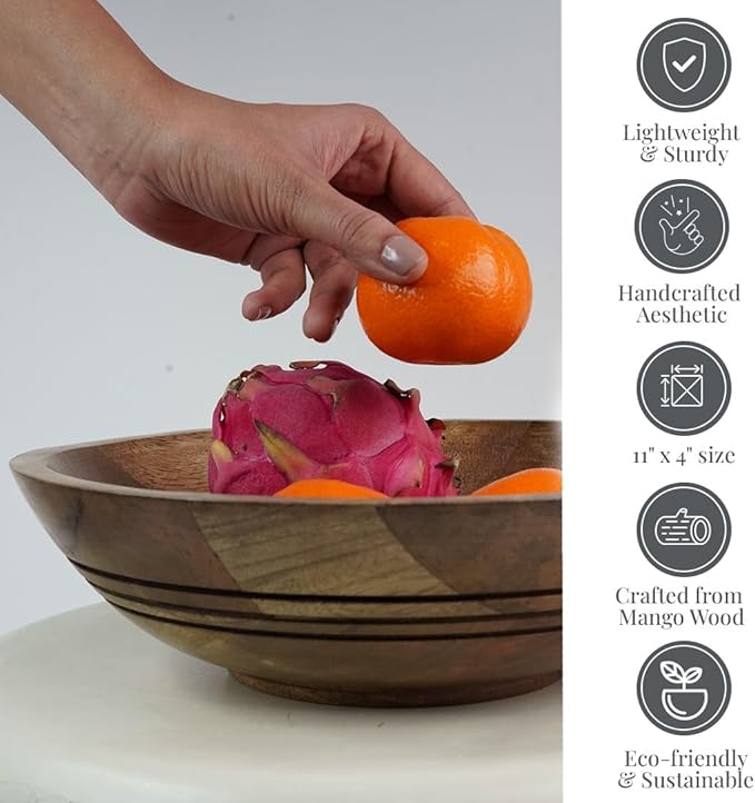 Folkulture Wooden Fruit Bowl for Kitchen Counter | 11" Large Premium Eco Friendly Banana Fruit Basket for Kitchen | Mango Wood Bowl for Table Decor, Centerpiece for Dining Table