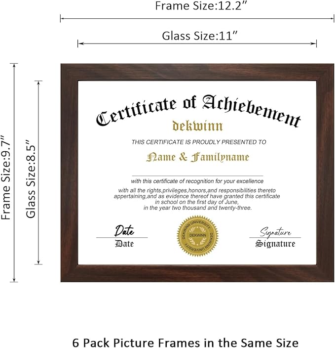 8.5x11 Picture Frames Certificate Document Frame Set of 6 with Real Glass, Diploma Frame for Wall Gallery or Tabletop display in Walnut