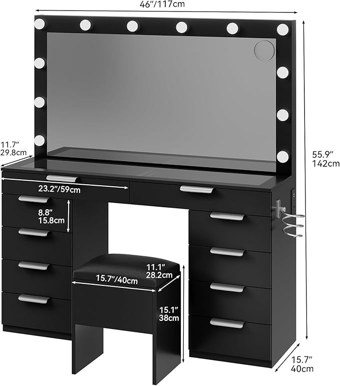 YITAHOME 46" Glass Top Vanity Desk with Mirror with Lights, Large Makeup Vanity Set with 10 Drawers & Storage Stool, Power Outlet, Dressing Table with 3 Adjustable Light Modes, Dressing Room, Black
