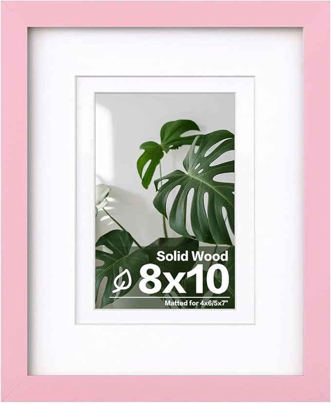 Egofine 8x10 Picture Frame Made of Solid Wood with Plexiglass, Display Pictures 4x6/5x7 with Mat or 8x10 Without Mat for Tabletop and Wall Mounting, Pink