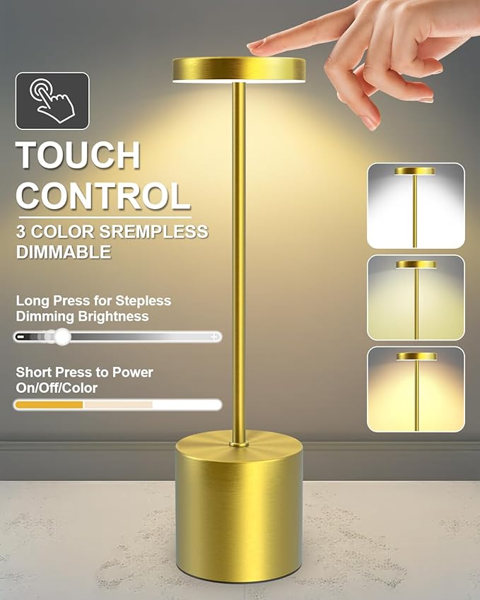 Cordless Table Lamps Rechargeable, Portable LED Desk Lamp, 5000mAh Battery Powered Wireless Table Light - 3 Color Dimmable Lighting for Restaurant Dining Patio Outdoor Bedroom(Gold)
