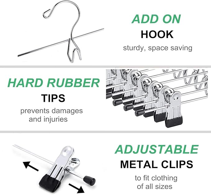 Amber Home 12 Pack Heavy Duty Add on Metal Pants Skirt Hangers, Stackable Add-on Metal Clothes Hangers with 2-Adjustable Clips, Cascading Clip Hangers Space Saving for Jeans, Slacks
