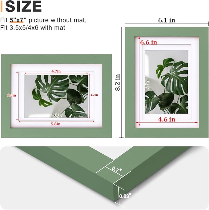 Egofine 5x7 Picture Frame Made of Solid Wood, Covered by Plexiglass Display Pictures 3.5x5/4x6 with Mat or 5x7 Without Mat for Table Top Display and Wall Mounting Photo Frame, Green