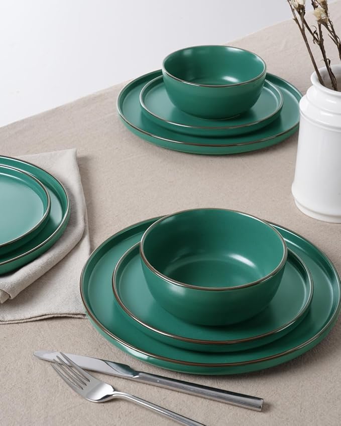 Famiware Mercury Plates and Bowls Sets, 18 Pieces Stoneware Dinnerware Sets, Dishes Set for 6, Microwave and Dishwasher Safe, Dark Green