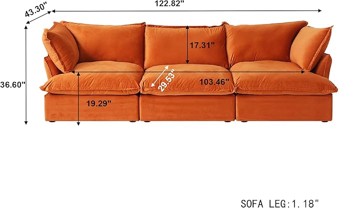 JACH 122.82" Cloud Sectional Couch for Living Room, Modular 3 Seater Sofas, Convertible Sectional Couches, Cushion Covers Removable, Two Corners and One Middle Sofa for Living Room (Orange)