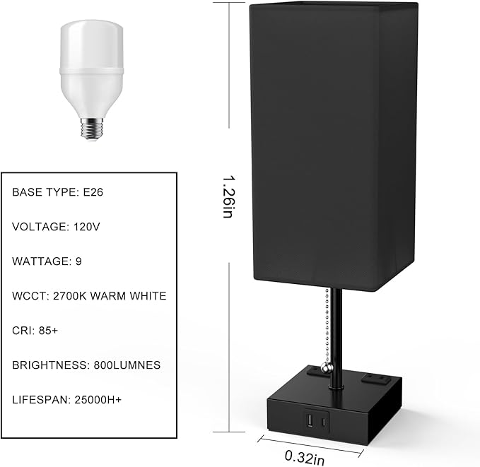 Table Lamp for Bedroom with USB,Bedside Lamp with USB C+A Charging Ports,Adjustable 3color LED Light for Home Decor/Nightstand/Office,Included Bulb and Fabric Lamp Shade (Linen Black, 2PCS)