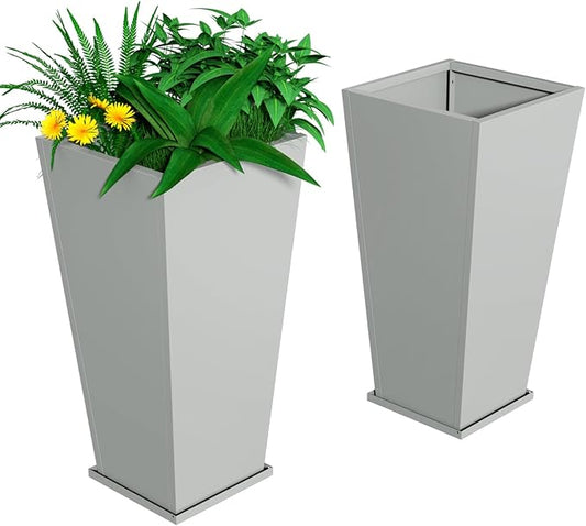 Metal Planter 2 Pack, 15L x 15W x 30H, Heavy Duty Tall Planters for Outdoor Plants, Planters with Removable Insert Shelf, Large Planters with Drainage Holes for Porch, Patio, Grey