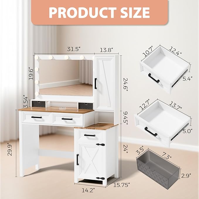 Farmhouse Makeup Vanity, Vanity Desk with Square Mirror, Tricolor Lighting Adjustment & Built-in Charging Station, Multi-Functional Wood Vanity with 2 Drawers & Open Storage Space, White