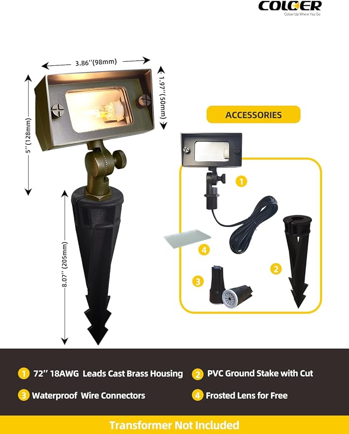 COLOER Brass Small Rectangular Flood Lights Outdoor 1-Pack Without Bulb, 12V Low Voltage Landscape Outside Lights for House Illuminating Signs, Walls and Plant Material