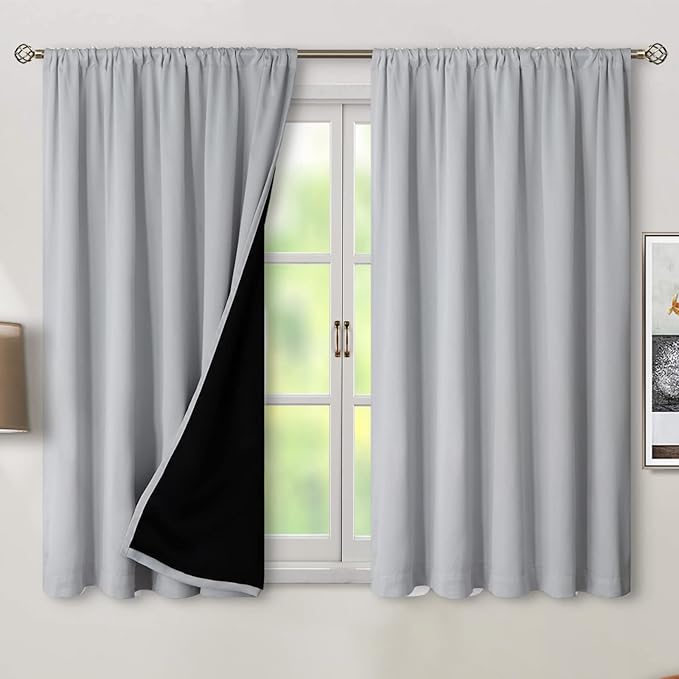 BGment Light Grey Short 100% Blackout Curtains 45 Inch Length with Black Liner, Rod Pocket and Back Tab Double Layer Full Room Darkening Thermal Curtains for Bedroom, 2 Panels, 52 x 45 Inch