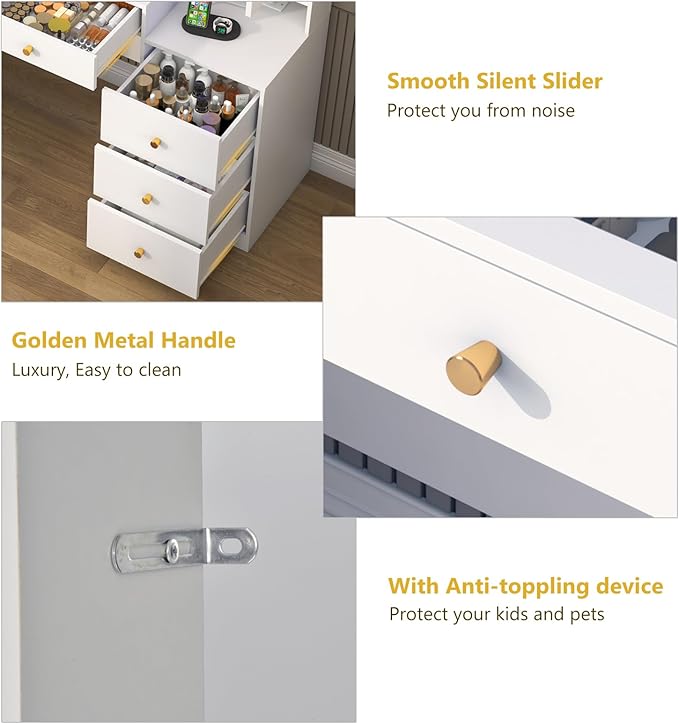 62" Large White Vanity Desk w/ Tempered Glass Top,60000-color LED Lights,Power Outlet, Make up Vanity w/ 3 Lights Mode LED Mirror,9 Drawers,2 RGB Cabinet LEDs Vanitys Table for Women,Girls