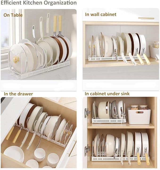 Expandable Pots and Pans Organizer Rack, Pot Lid Kitchen Cabinet Organizer Holder with 10 Adjustable Compartment, Cookware Rack for Kitchen Cabinet Storage, White