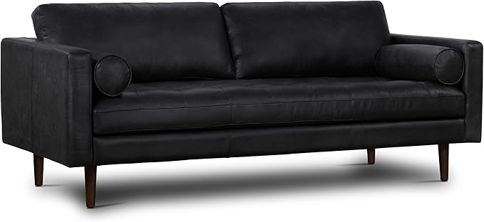 Poly & Bark Napa Leather Couch - 88.5-Inch Office Sofa with 2 Bolsters - Full-Grain Leather Sofa for Living Room with Feather-Down Topper - Living Room Couch - Vintage Italian Leather in Onyx Black
