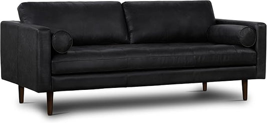Poly & Bark Napa Leather Couch - 88.5-Inch Office Sofa with 2 Bolsters - Full-Grain Leather Sofa for Living Room with Feather-Down Topper - Living Room Couch - Vintage Italian Leather in Onyx Black