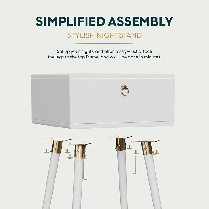 Bme Alden Wood Nightstand, Solid Wood End Table, Mid Century Modern Nightstand, Side Table with 1 Drawer, Compact for Bedroom, Living Room & Study Room, Easy Assembly, Ivory White