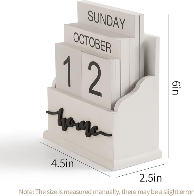 Desk Perpetual Block Calendar, Home Farmhouse Office Aesthetic Decor for Teachers, Students, Classroom Decoration Reusable Yearly, White Wood Daily Desktop Calendar Accessories