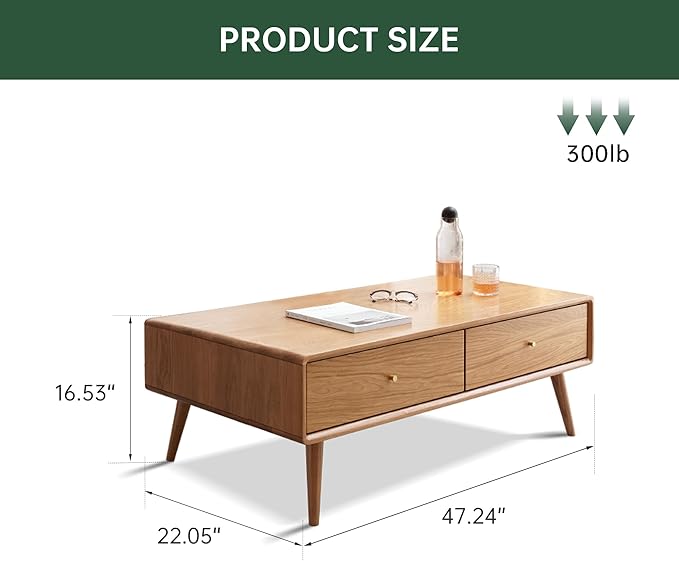 100% Solid Wood Coffee Table for Living Room, 47.24" W Mid Century Modern Coffee Table with 4 Drawers, Oak Coffee Tables for Home (Natural Wood Color, 47.24" W)