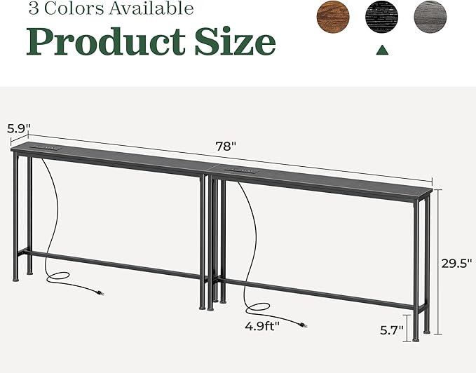 SUPERJARE 5.9 Inch Narrow Console Table with Outlet, Sofa Table Set of 2, Total Length 78'', Behind Couch Table, Long Entryway Tables with Charging Station, for Living Room, Hallway, Black