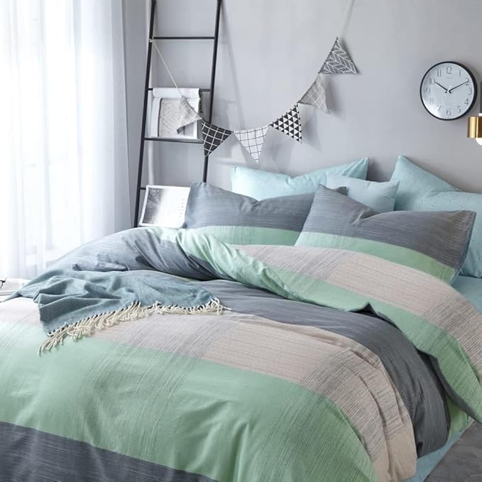 mixinni Simple Patchwork Print Comforter Set Full Size Bed Fluffy Blue Mint Green Geometric Pattern Comforter for Boys Women and Men, 1 Modern Comforter and 2 Pillowcases for All Season-Full Size