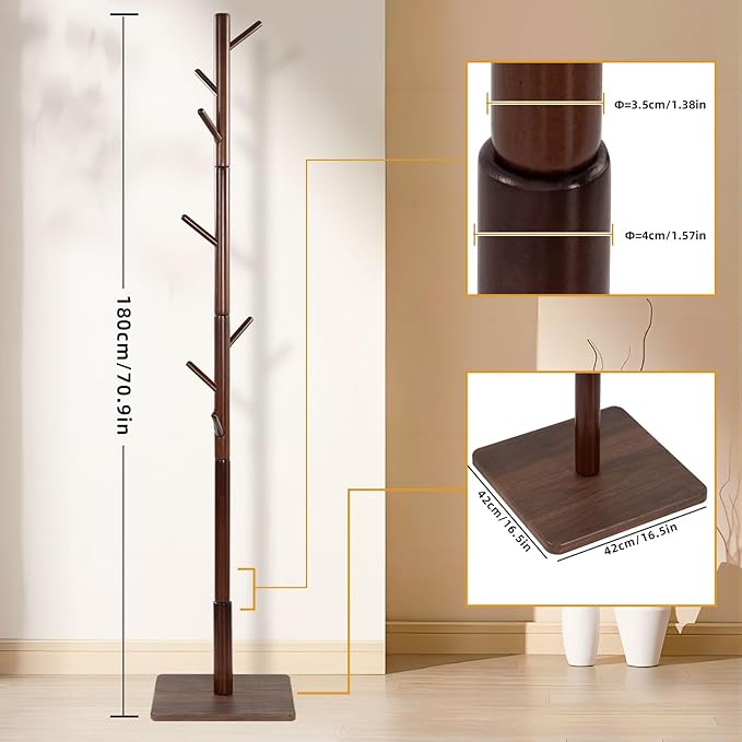Coat Rack Freestanding with Stable Square Base, Entryway Furniture with 3 Adjustable Sizes and 8 Hooks, Used in Bedroom, Office and Hallway, Brown