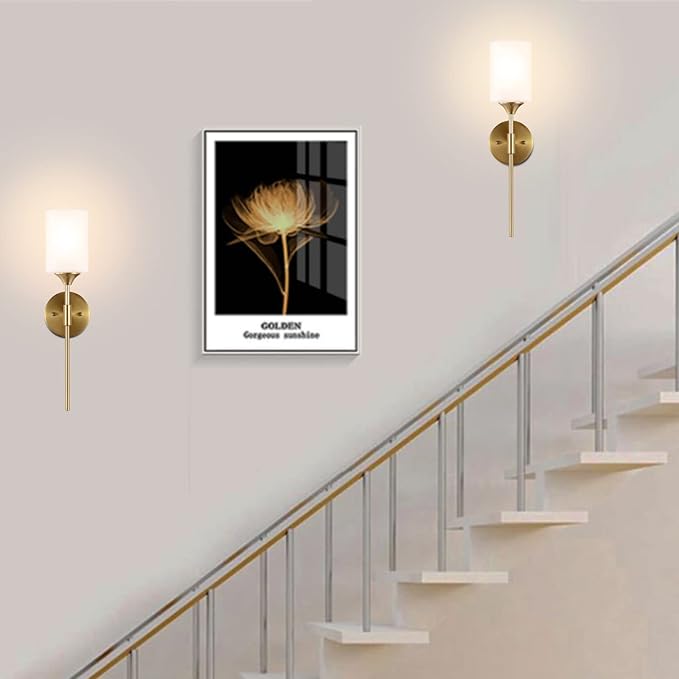 Gold Wall Sconce Set of 2 with White Cylinder Glass Shades Modern Mid Century Bathroom Vanity Wall Light Fixtures Industrial Brushed Brass Wall Lamp for Bedroom Mirror Living Room Restaurant
