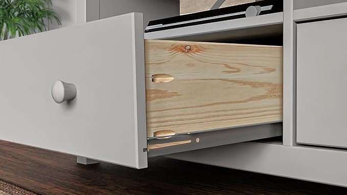 Handcrafted Solid Oak TV Stand Entertainment Center - Elegant Gray Media Console with Spacious Storage Drawers & Open Shelves - Sturdy Wood Cabinet Fits TVs up to 55 Inches