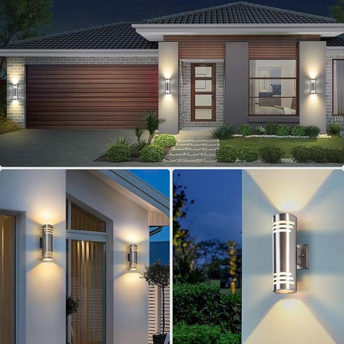 SHIMR Modern Outdoor Wall Lights Dusk to Dawn 2 Pack, Exterior Lighting Fixtures Stainless Steel with Brushed Nickel Finsh, Waterproof Up and Down Outside Lights for House, LED Bulbs Include