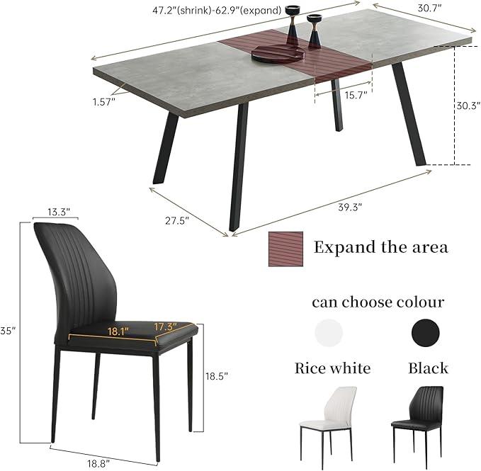 47.2"- 62.9" Extendable Dining Table Set for 4, Modern Kitchen Table with Dining Chairs for 4-6 Person, Thickened Expandable MDF Wooden Table with Metal Legs for Dining Room, Kitchen, Living Room