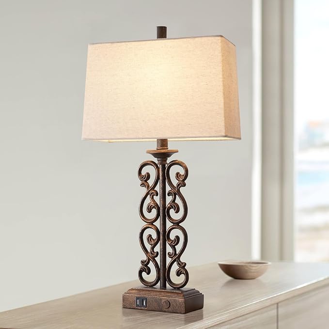 25" Farmhouse Touch Table Lamps for Living Room, 3 Way Dimmable Dual USB Ports, Vintage Rustic Bedside Table Lamp for Bedroom Bedside End Table, LED Bulbs Included