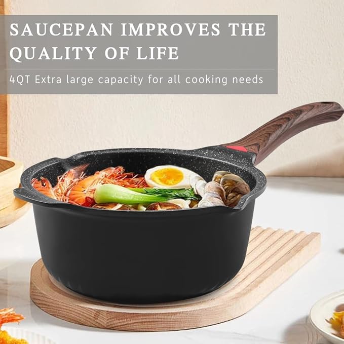 VINCHEF Nonstick Stockpot With Lid 4 Quart, Large Saucepan with Stay Cool Handle, Deep Kitchen Cooking Pot Induction Stock Pots, Dishwasher Safe, Compatible for All Stove Top, PFAS/PFOA Free Black