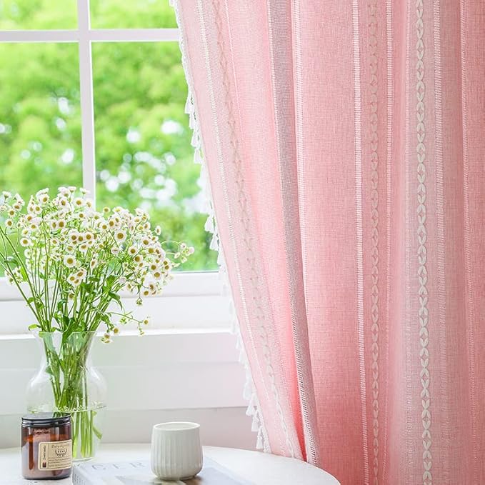 Linen Boho Curtains Cute Embroidered Pink Curtains for Girls Bedroom Nursery Room 84 Inches Long 2 Panels Light filtering Farmhouse Curtains for Living Room Rod Pocket Drapes (52" W x 84" L,Pink)