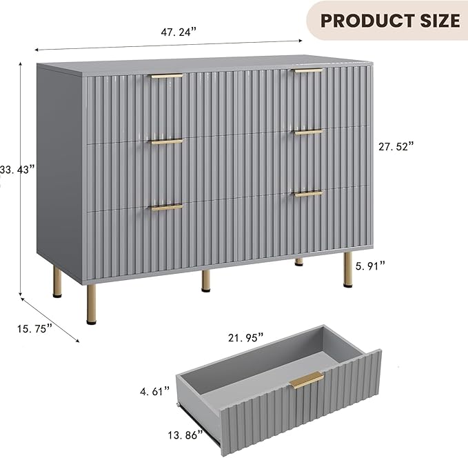 6 Drawer Dresser for Bedroom, Fluted 47.2" Wide Modern Chest of Drawers with Deep Drawers, Long Large Double Dresser TV Stand, Wooden Dresser Organizer for Living Room, Hallway, Kids Room, Grey