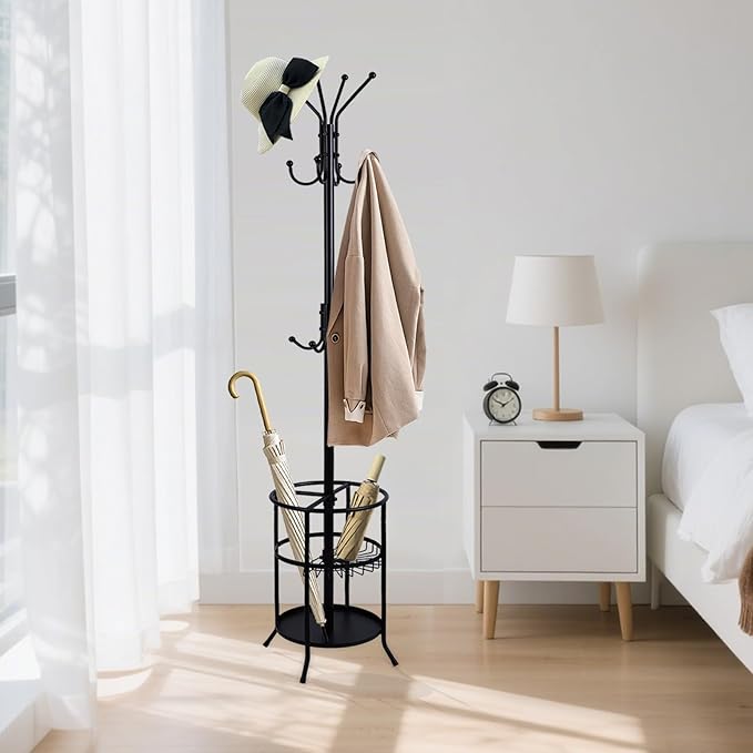 Metal Freestanding Coat Rack Stand with Umbrella Holder, 12 Hooks Coat Tree Black Modern Coat Hanger Stand for Coats, Hats, Scarves and Handbags for Entryway, Hallway, Bedroom, Office