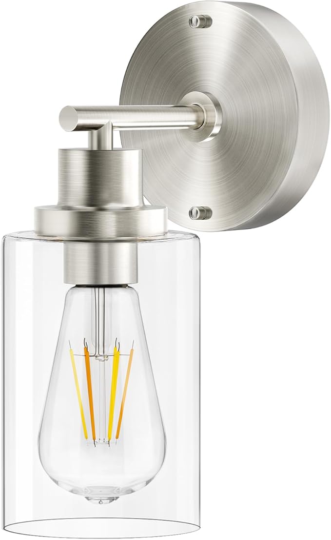 Brushed Nickel Wall Light: LED Wall Sconces Indoor, Modern Sconces Wall Lighting with E26 Base and Clear Glass Shade, Wall Light Fixtures for Bedroom, Hallway, Mirror, Living Room