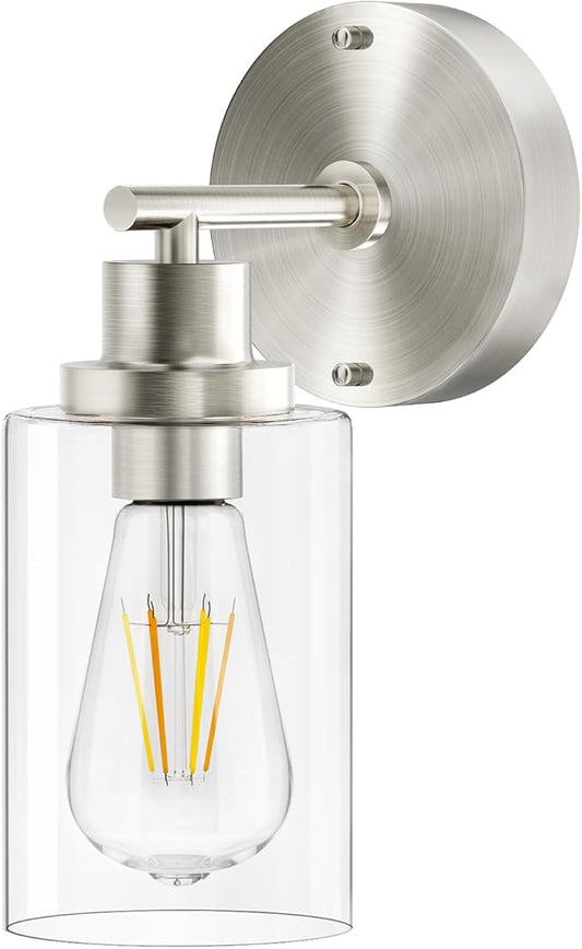 Brushed Nickel Wall Light: LED Wall Sconces Indoor, Modern Sconces Wall Lighting with E26 Base and Clear Glass Shade, Wall Light Fixtures for Bedroom, Hallway, Mirror, Living Room
