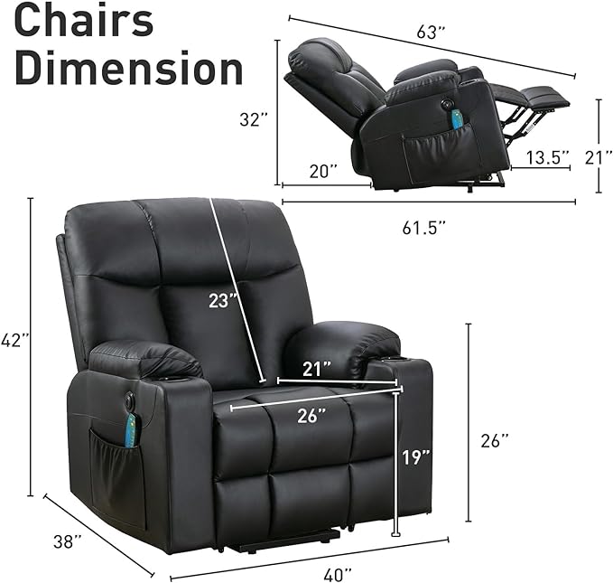Bonzy Home 26" Extra Wide Lift Chair with Heat and Massage, Faux Leather Power Lift Recliner Massage Chair for Adults Elderly, Upholstered Recliner with 2 Cup Holders, Side Pocket
