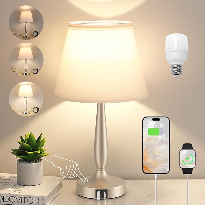 Kakanuo Touch Table Lamp for Bedroom, Small Bedside Lamp with USB C Charging Port, 3 Way Dimmable Touch Control Nightstand Lamp for Living Room, White Shade and Champagne Gold Base