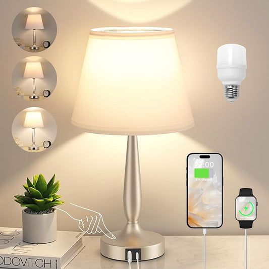 Kakanuo Touch Table Lamp for Bedroom, Small Bedside Lamp with USB C Charging Port, 3 Way Dimmable Touch Control Nightstand Lamp for Living Room, White Shade and Champagne Gold Base