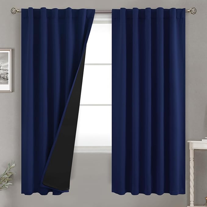 BGment Navy Blue 100% Blackout Curtains 72 Inches Long with Reducing Noise Liner, Rod Pocket and Back Tab Double Layer Full Room Darkening Window Curtain for Bedroom, 2 Panels, Each 42 x 72 Inch