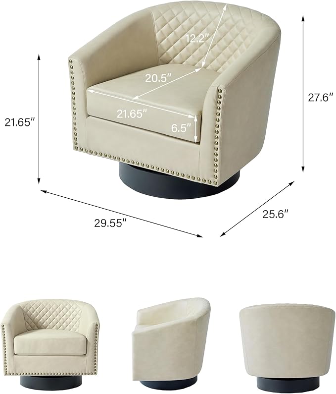 Swivel Barrel Accent Chair, Comfy Modern Upholstered Round Faux Leather Arm Chair for Living Room, Bedroom（Beige, Set of 1