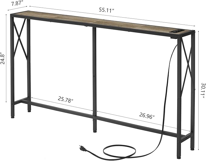 Sofa Table with Oulets and USB Ports, 55.1" Couch Table Behind Sofa, Industrial Long Skinny Stand for Hallway, Living Room, Bedroom, 6.5 Feet Power Cord